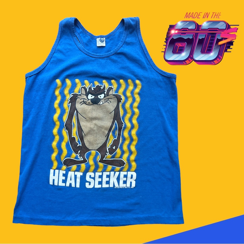 VTG 80's Blue ARTEX TM & Warner Brothers Tasmanian Devil "HEAT SEEKER" Tank Sz L